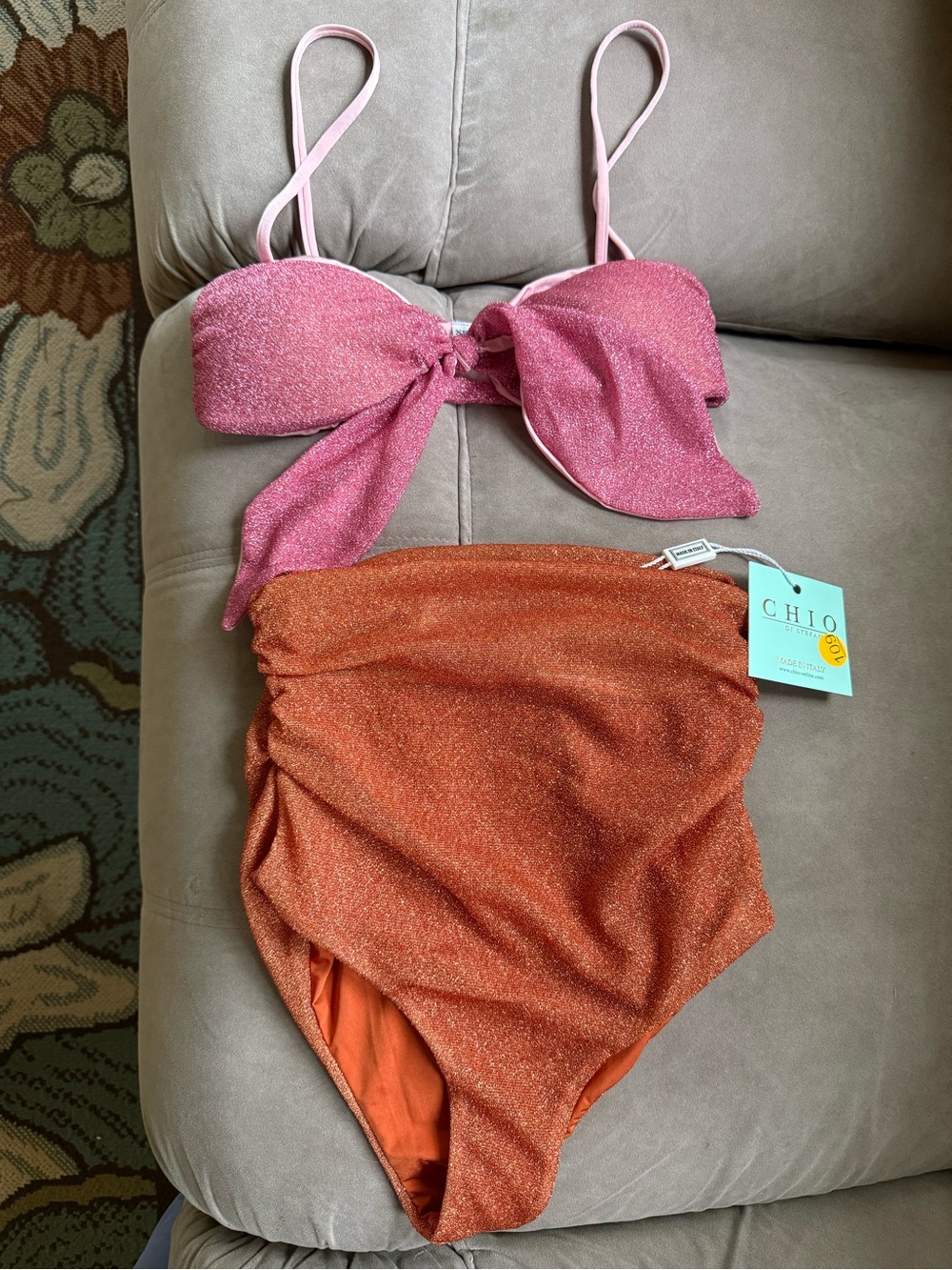 Chio Revolve Pink Glitter Tie-Front High-Waist Bikini Set. NWT